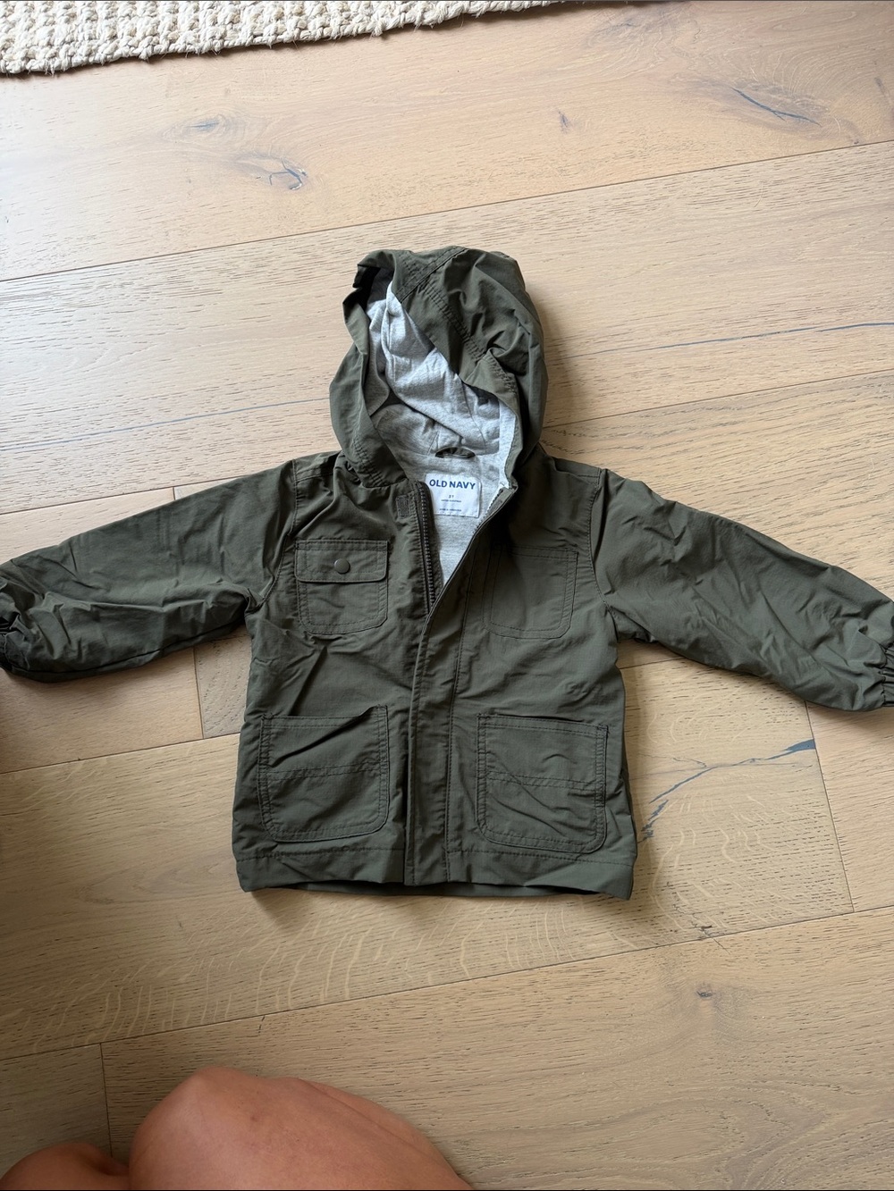 Old Navy Olive Hooded Kids Raincoat with Gray Lining
